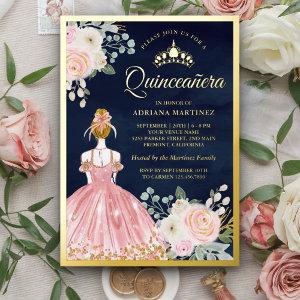 Blush Pink Floral Dress Navy Blue Quinceanera Gold Foil