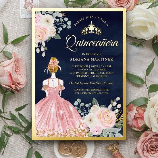 Blush Pink Floral Dress Navy Blue Quinceanera Gold Foil