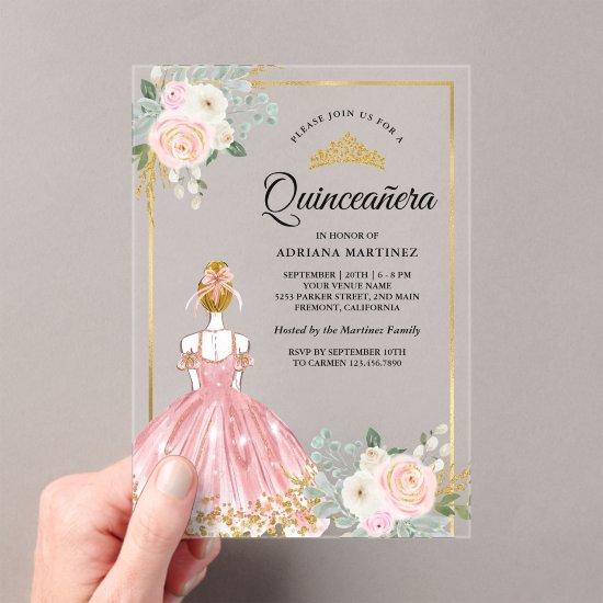 Blush Pink Floral Dress Princess Gold Quinceanera Acrylic