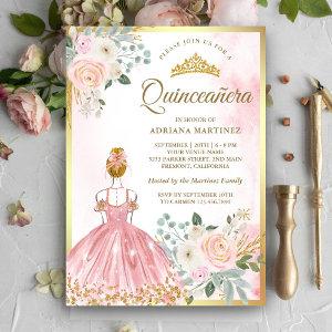 Blush Pink Floral Dress Princess Gold Quinceanera