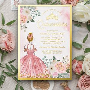 Blush Pink Floral Dress Princess Quinceanera Gold Foil