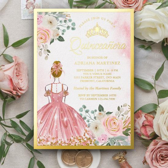 Blush Pink Floral Dress Princess Quinceanera Gold Foil