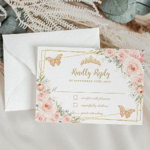 Blush Pink Floral Gold Butterflies Quinceañera  RSVP Card