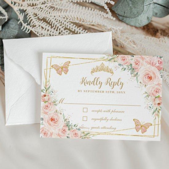 Blush Pink Floral Gold Butterflies Quinceañera  RSVP Card