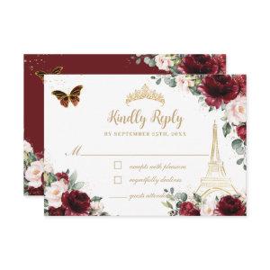 Blush Pink Floral Gold Butterfly Paris Quinceañera RSVP Card