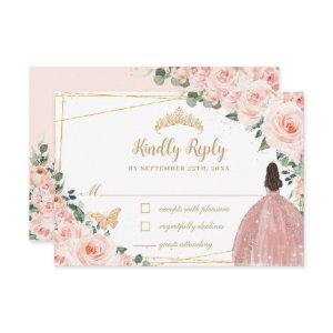 Blush Pink Floral Gold Butterfly Quinceañera Dress RSVP Card