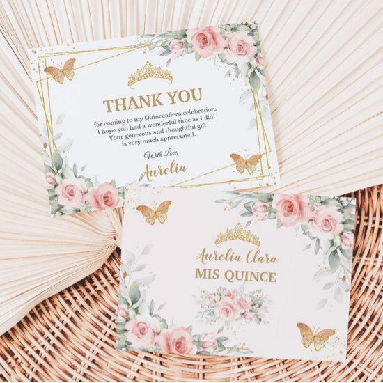 Blush Pink Floral Gold Crown Quinceañera Butterfly Thank You Card