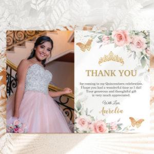 Blush Pink Floral Gold Crown Quinceañera Photo  Thank You Card
