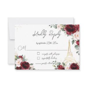 Blush Pink Floral Gold Paris Eiffel Quinceañera  RSVP Card