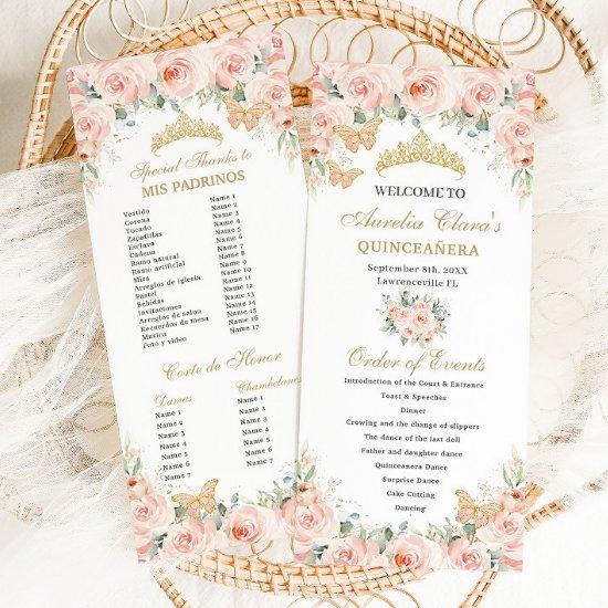 Blush Pink Floral Gold Quinceañera Order of Events Program