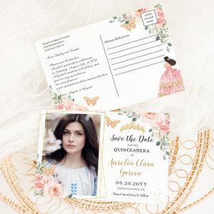 Blush Pink Floral Gold Quinceanera Save the Date Announcement Postcard
