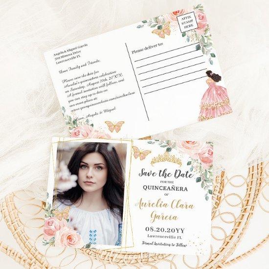 Blush Pink Floral Gold Quinceanera Save the Date Announcement Postcard