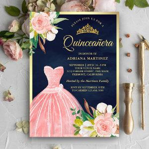 Blush Pink Floral Gown Navy Blue Gold Quinceanera