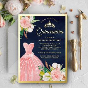 Blush Pink Floral Gown Navy Blue Quinceanera Gold Foil