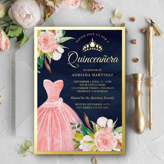 Blush Pink Floral Gown Navy Blue Quinceanera Gold Foil