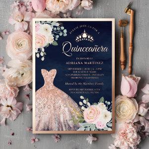 Blush Pink Floral Gown Navy Quinceanera Rose Gold Foil