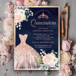 Blush Pink Floral Gown Navy Rose Gold Quinceanera