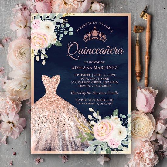 Blush Pink Floral Gown Navy Rose Gold Quinceanera