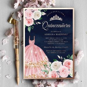 Blush Pink Floral Gown Quinceanera Navy Rose Gold Foil