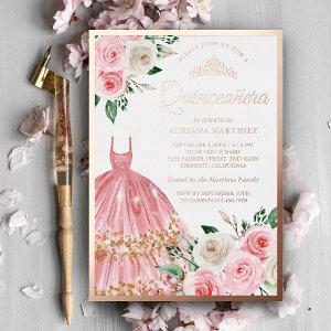 Blush Pink Floral Gown Quinceanera Rose Gold Foil