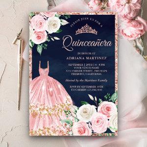 Blush Pink Floral Gown Rose Gold Navy Quinceanera