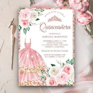 Blush Pink Floral Gown Rose Gold Quinceanera