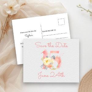 Blush Pink Floral Number 15 Save the Date Announcement Postcard