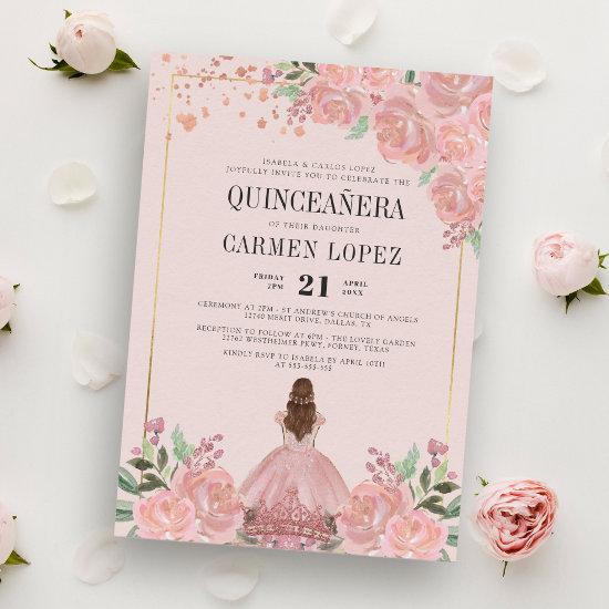 Blush Pink Floral Princess Birthday Quinceanera In