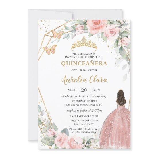 Blush Pink Floral Princess Butterflies Quinceañera
