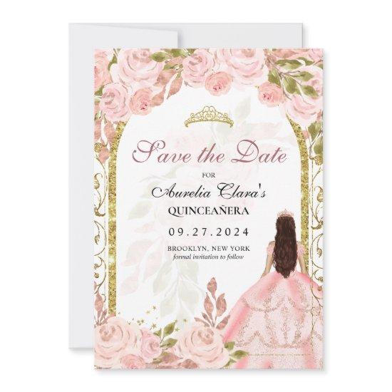 Blush Pink Floral Princess Gold Arch Quinceanera Announcement