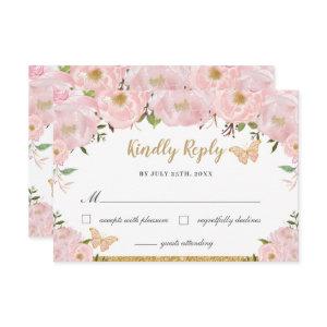 Blush Pink Floral Princess Quinceañera Butterflies RSVP Card