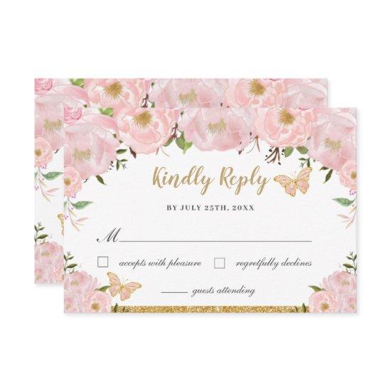 Blush Pink Floral Princess Quinceañera Butterflies RSVP Card