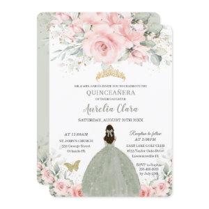 Blush Pink Floral Princess Sage Green Quinceañera