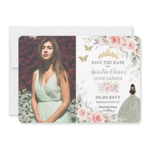 Blush Pink Floral Princess Sage Green Quinceañera  Save The Date
