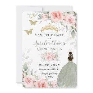 Blush Pink Floral Princess Sage Green Quinceañera  Save The Date