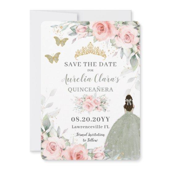 Blush Pink Floral Princess Sage Green Quinceañera  Save The Date