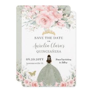 Blush Pink Floral Princess Sage Green Quinceañera  Save The Date