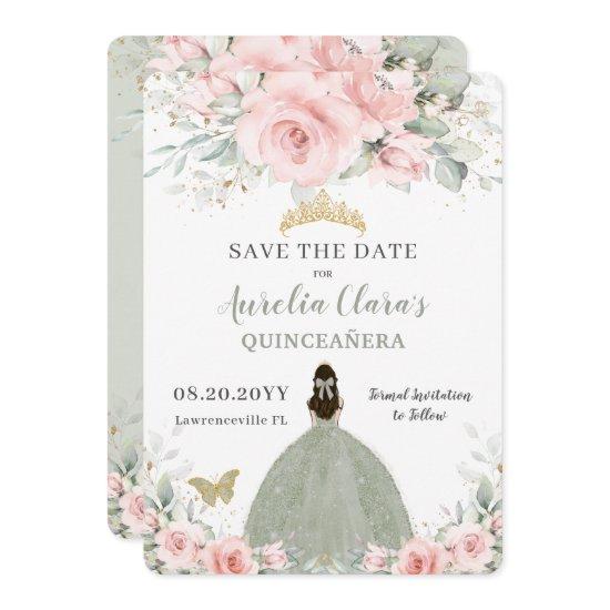 Blush Pink Floral Princess Sage Green Quinceañera  Save The Date