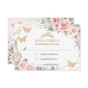 Blush Pink Floral Quinceañera Butterflies Reply  RSVP Card