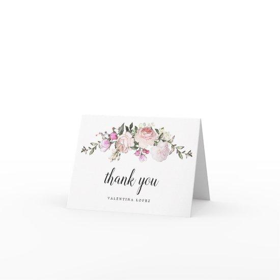 Blush Pink Floral Quinceanera Photo Thank You Card