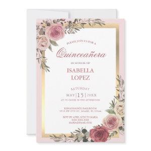 Blush Pink Floral Rose Gold  Quinceañera Invitatio