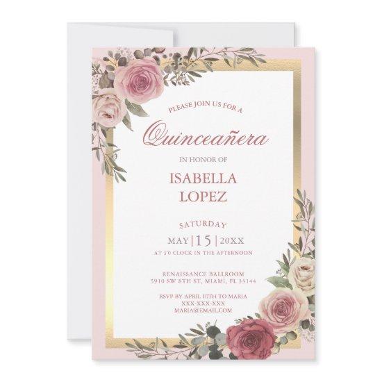 Blush Pink Floral Rose Gold  Quinceañera Invitatio