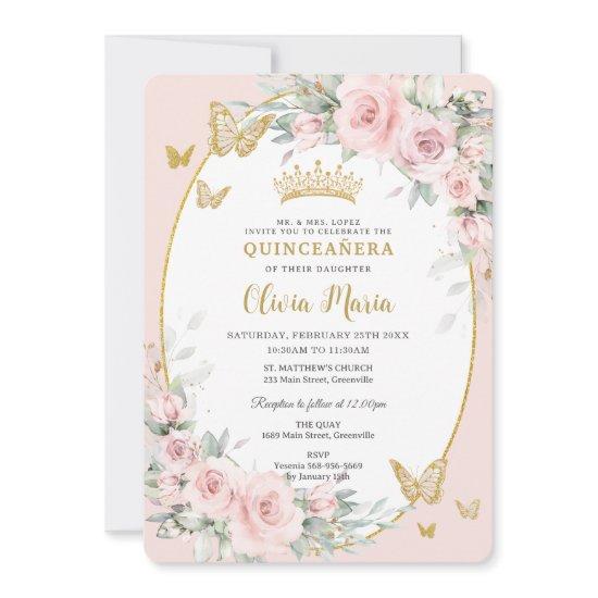 Blush Pink Floral Roses Butterflies Quinceañera