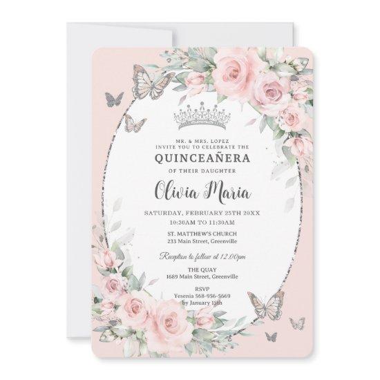 Blush Pink Floral Roses Butterflies Quinceañera