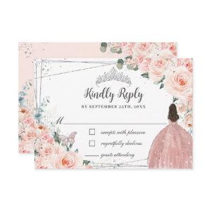 Blush Pink Floral Silver Butterfly Quinceañera RSVP Card