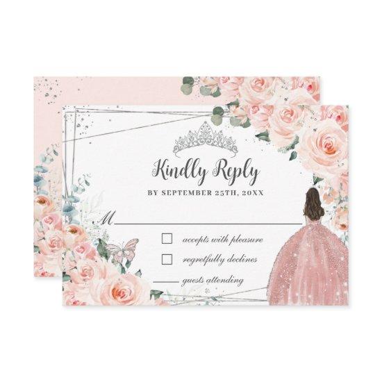 Blush Pink Floral Silver Butterfly Quinceañera RSVP Card