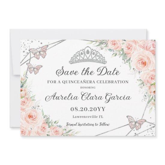 Blush Pink Floral Silver Quinceañera Sweet Sixteen Save The Date