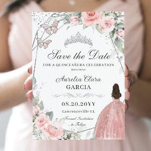 Blush Pink Floral Silver Quinceanera Sweet Sixteen Save The Date