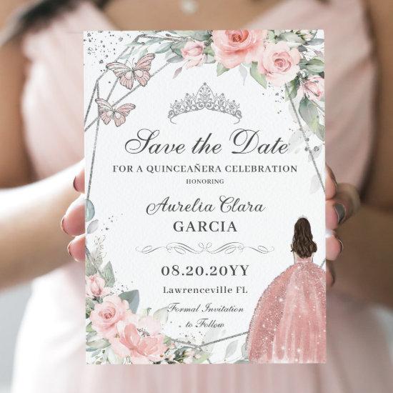 Blush Pink Floral Silver Quinceanera Sweet Sixteen Save The Date
