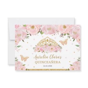Blush Pink Floral Tiara Quinceañera Butterflies RSVP Card